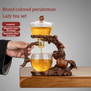 1 Set of Magnetic Lazy Tea Set - Automatic Persimmon Glass Teapot, Tea Cup, Tea Canister, Tea Tray Ideal gift for tea lovers