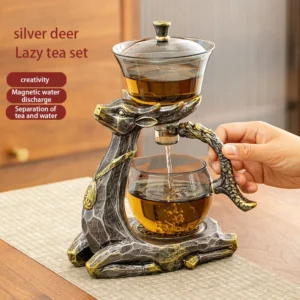 1 Set of Magnetic Lazy Tea Set - Automatic Fawn Glass Teapot, Tea Cup, Tea Canister, Tea Tray Ideal gift for tea lovers