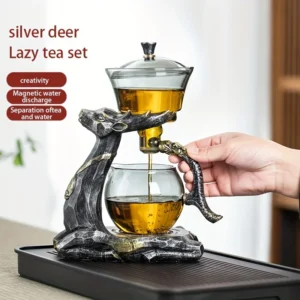 1 Set Silvery Deer Glass Automatic Tea Set Lazy Tea Set Semi-automatic Drip Glass Teapot Magnetic Water Diversion Teapot With 6