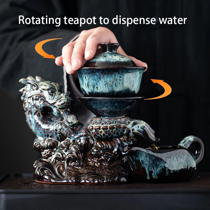 1 set, creative lazy tea set, semi-automatic dragon teapot, magnetic rotating water-conducting tea set, Chinese Kung Fu tea set