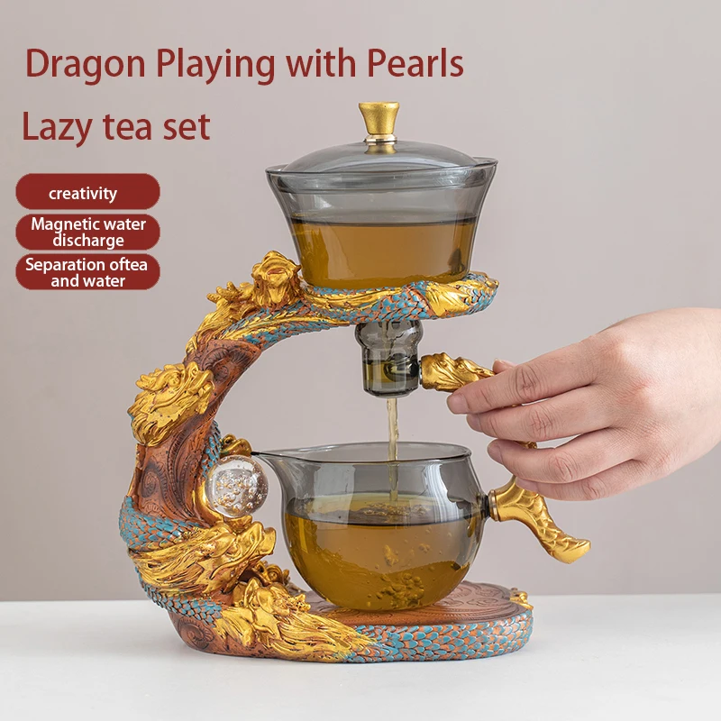 1 set of lazy tea set - automatic magnetic water spout glass teapot, tea cup, tea can, tea tray Chinese Kung Fu tea set