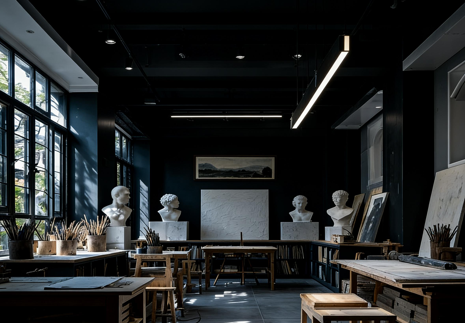 Artist teaching relief art in a dark moody studio